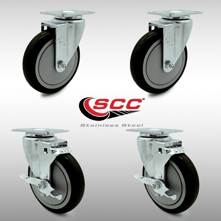 Service Caster 5 Inch SS Black Polyurethane Swivel Top Plate Caster Set with 2 Brakes SCC SCC-SS20S514-PPUB-BLK-2-TLB-2